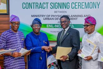 L-R: Permanent Secretary of Ministry of Physical Planning and Urban Development, Engr. Oluwole Sotire; Special Adviser to Governor Babajide Sanwo-Olu on e-GIS and Planning Matters, Dr. Olajide Babatunde; Chairman, ENL-NOVA LTD, Mr. Mike Chukwu and Deputy CEO of ENL-NOVA LTD, Mr. Peter Afam, during a Contract Signing Ceremony between the Ministry and the company at Alausa in Lagos on Thursday.