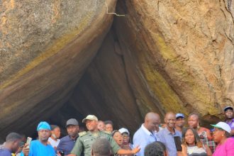 Officials of Oyo Ministry of Culture and Tourism at Mejiro Cave during a tour of tourism sites