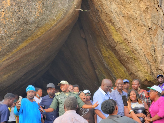 Officials of Oyo Ministry of Culture and Tourism at Mejiro Cave during a tour of tourism sites