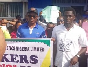 Chairman of the Senior Staff Association of Shipping, Clearing & Forwarding Agencies SSASCFA Comrade Solomon Ntioket leads workers in peaceful protest at Bollore Transport and Logistics at 26 Creek Road, Apapa on 30th March, 2023