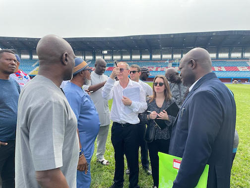 Chairman of DSSC, Chief Okowa with the inspectors at the Stephen Keshi Stadium on Sunday