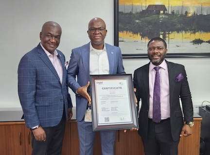 From left to right, Executive Director, Lagos Business, Wema Bank, Wole Ajimisinmi, Deputy Managing Director Wema Bank, Wole Akinleye and CVO Digital Encode, Dr. Obadare Peter Adewale, receiving the certificate of compliance, with the Payment Card Industry Dara Security Standard v4.0 at Wema Bank Towers.