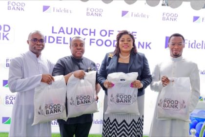 L – R: Parish Priest, Our Lady of Perpetual Help Catholic Church, Victoria Island, Lagos, Rev. Father Julius Olaitan; Executive Director/Chief Operations and Information Officer, Fidelity Bank Plc, Mr. Stanley Amuchie; MD/CEO, Fidelity Bank Plc, Mrs. Nneka Onyeali-Ikpe; and Assistant Parish Priest, Our Lady of Perpetual Help Catholic Church, Victoria Island, Lagos, Rev. Father Oscar Obi John at the launch of the Fidelity Food Bank in Lagos on Friday, 21 April 2023.