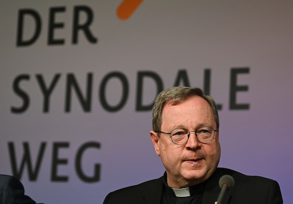 Georg Bätzing, Bishop of Limburg and President of the German Bishops' Conference, at a press conference before the start of the synodal assembly on March 9th, 2023. Photo: Arne Dedert/dpa