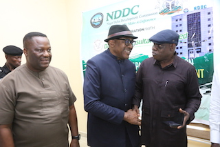 L-R: The NDDC Director Human Resources, Dr Alazigha Woyengibavagha; the Executive Director Finance and Administration, Major General Charles Airhiavbere,(Rtd.) and training facilitator, Dr Abdulwahab Ademola Lawal, during a two-day training in Capacity-Building on Policy Process and Security Management in Port Harcourt.
