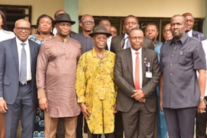 L-R: The NDDC Executive Director Finance and Administration, Major General Charles Airhiavbere (Rtd); the NDDC Managing Director, Dr Samuel Ogbuku; the Pro-Chancellor, of UNIPORT, Senator Andrew Uchendu; the Vice Chancellor of the University, Professor Georgewill Owunari and the NDDC Executive Director, Projects, Mr. Charles Ogunmola, during the working visit of the NDDC Management to the University