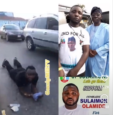 APC Youth Leader, Olamide goes gaga, begging for forgiveness The APC National Youth Leader, Sulaimon Olamide, lying on the floor begging APC and Labour Party for forgiveness