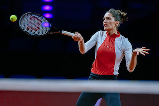 Andrea Petkovic in action during a Tennis showmatch doubles with Anna-Lena Herzgerodt at the Porsche Halle. Photo: Thomas Niedermüller/dpa