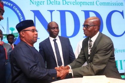 L-R: The Minister of Niger Delta Affairs, Obong Umana Okon Umana; the NDDC Managing Director, Dr. Samuel Ogbuku and a representative of the United States Consulate, Mr. Chamberlain Eke, during the one-day Public Private Partnerships, PPP, summit at the Eko Hotel and Suites, Lagos