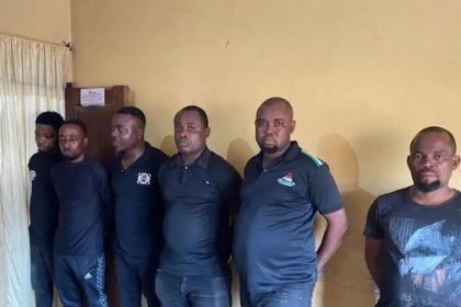 The six officers in the viral video assaulting two young men in Imo State