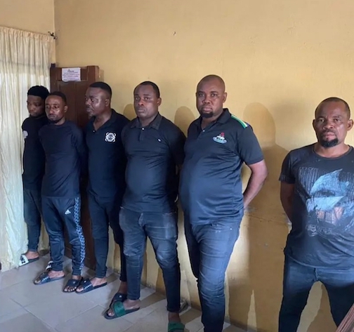 The six officers in the viral video assaulting two young men in Imo State