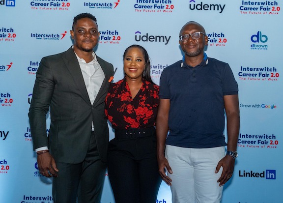 L-R: Franklin Ali, Chief Human Resources Officer, Interswitch Nigeria; Ivie Temitayo-Ibitoye, Head of Employee Relations, Sahara Group and Akeem Lawal, Managing Director, Payment Processing and Switching (Interswitch Purepay) at the second edition of the Interswitch Career Fair held on Saturday, May 13, 2023, in Lagos