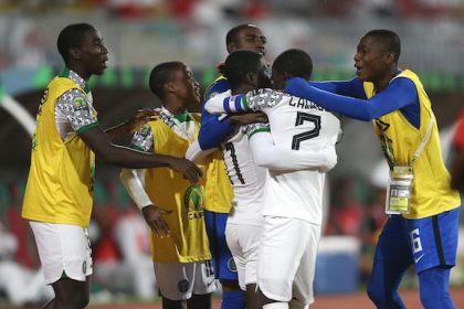 The Eaglets celebrate one of their goals against Amajimbo on Saturday.