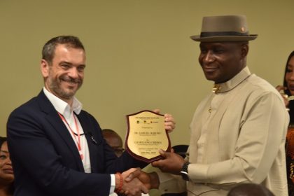 The Managing Director of the Niger Delta Development Commission, NDDC, Dr Samuel Ogbuku (right), receiving a plaque from the General Manager District, Nigeria AGIP Oil Company, Mr. Giordano Crema, (left) during a courtesy visit by a delegation from the Nigeria AGIP Oil Company at the NDDC headquarters in Port Harcourt.