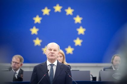 German Chancellor Olaf Scholz gives a speech at the European Parliament. The chancellor is expected to share his views on the current situation and the future of the European Union, at a time when the bloc is trying to reorientate itself globally. Photo: Kay Nietfeld/dpa