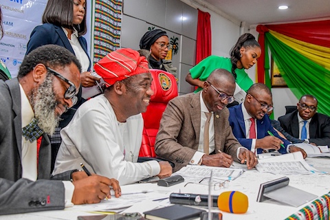 L-R: Lagos State Attorney General/Commissioner for Justice, Mr Moyosore Onigbanjo, SAN; Deputy Governor, Dr Obafemi Hamzat; Governor Babajide Sanwo-Olu; Commissioner for Finance, Dr Rabiu Olowo and his counterpart for Economic Planning and Budget, Mr Sam Egube during the official signing ceremony of the State Government Series I (100b Bond) and Series II (up to 20b SUKUK) at the Lagos House, Alausa, Ikeja, on Tuesday, 23 May 2023