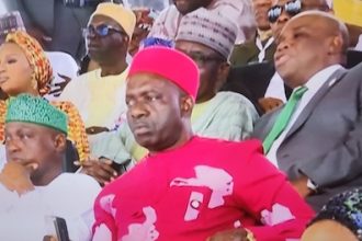 Anambra State Governor, Professor Charles Soludo sitting at the popular side at the Eagle Square during Tinubu's inauguration