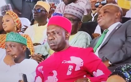 Anambra State Governor, Professor Charles Soludo sitting at the popular side at the Eagle Square during Tinubu's inauguration