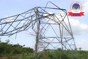 One of the nine TCN towers that collapsed along Papalanto area, Abeokuta, Ogun State