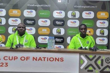 Coach Ugbade (left) and captain Williams at Saturday’s pre-match press conference.