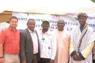 L-R:Mallam Kabiru Abdullahi, the representative of the Director of Livestock & Poultry, Ministry of Agriculture and Natural Resources (MANR), Kano; Mr Manish Khede, the Regional Manager, ofi Dairy in Nigeria, Mallam Aminu Garba, the Manager, Development Finance Office, Central Bank of Nigeria (CBN) Kano branch, Alhaji Usman Abdullahi, the chairman of Kano Dairy Cooperative, and Dr Celestine Ayok, a veterinarian, during the 2nd Phase of the Cattle Vaccination Exercise fully sponsored by Outspan and organised in partnership with Kano Dairy Cooperative, in Dawakin LGA, Kano, recently.
