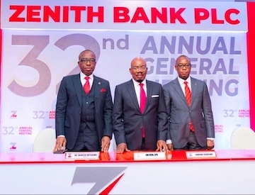 Founder and Chairman of Zenith Bank Plc, Dr. Jim Ovia, CFR, flanked by the Group Managing Director/Chief Executive of Zenith Bank, Dr. Ebenezer Onyeagwu (Left) and the Company Secretary, Mr. Micheal Otu (Right) during the bank’s 32nd Annual General Meeting (AGM) held virtually from the Civic Centre, Victoria Island, Lagos, yesterday.