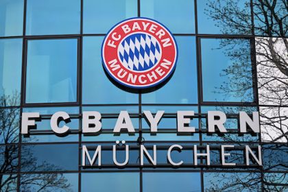 The Bayern Munich logo can be seen at the club's premises on Saebener street. Photo: Sven Hoppe/dpa