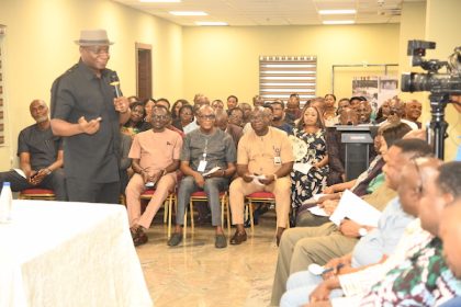 The Managing Director of the Niger Delta Development Commission, NDDC, Dr Samuel Ogbuku, (left) speaking during an interactive session with management and staff of NDDC at the NDDC Commission’s headquarters in Port Harcourt on Thursday.