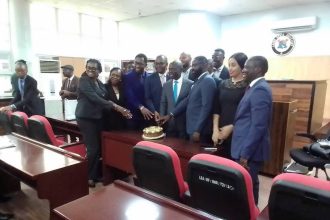 Contestants for the Lagos NBA election, with executives of the Eti-Osa Lawyers Forum cut symbolic cake during the meeting