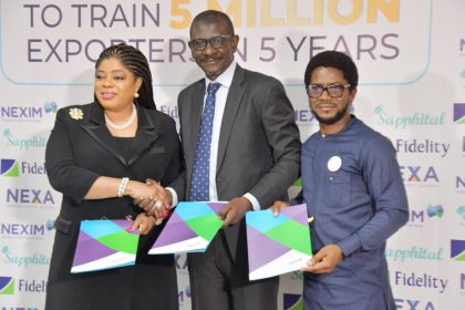 L-R: MD/CEO FIDELITY Bank Plc, Mrs. Nneka Onyeali-Ikpe; MD/CEO NEXIM Bank, Mr. Abubakar Bello and founder Sapphital Learning Limited, Mr. Amu Ogbeide during the signing of the NEXA Memorandum of Understanding between Fidelity Bank, NEXIM Bank and Sapphital in Abuja