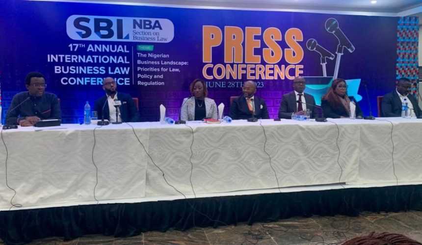 From left to Right, The Chairman program and content sub committee, Oludare Sembore, the Vice Chairman planning Committee, Ose Okpeku, the Chairman of the conference Planning Committee and Treasurer of NBA-SBL-planning committee, Mrs Ayoyinka Olajide-Awosedo, Chairman, NBA-SBL Dr. Dr Adeoye Adefulu, Secretary NBA-SBL Council, Baba Alokolaro, Member of council, Miss Stella Duru and Assistant Secretary council of NBA-SBL, Alex Adedipe at the press briefing