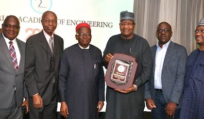 L-R: Reuben Muoka, Director, Public Affairs, Nigerian Communications Commission (NCC); Vincent Maduka, past President, Nigerian Academy of Engineering (NAEng); Prof. Azikiwe Onwualu, President, NAEng; Prof. Umar Danbatta, Executive Vice Chairman/Chief Executive Officer (EVC/CEO) NCC; Abraham Oshadami, Director, Spectrum Administration, NCC; Hafiz Shehu, Chief of Staff to the EVC, NCC; at the Academy’s 2023 Technology Dinner where Danbatta received Platinum Appreciation Award in Lagos on Wednesday (June 21, 2023)
