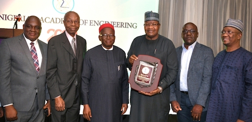 L-R: Reuben Muoka, Director, Public Affairs, Nigerian Communications Commission (NCC); Vincent Maduka, past President, Nigerian Academy of Engineering (NAEng); Prof. Azikiwe Onwualu, President, NAEng; Prof. Umar Danbatta, Executive Vice Chairman/Chief Executive Officer (EVC/CEO) NCC; Abraham Oshadami, Director, Spectrum Administration, NCC; Hafiz Shehu, Chief of Staff to the EVC, NCC; at the Academy’s 2023 Technology Dinner where Danbatta received Platinum Appreciation Award in Lagos on Wednesday (June 21, 2023)