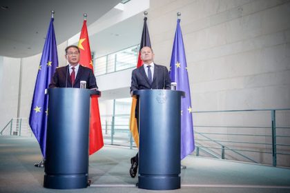 German Chancellor Olaf Scholz (R) and Chinese Premier Li Qiang speak during a press conference during the German-Chinese government consultations at the Federal Chancellery. Photo: Kay Nietfeld/dpa
