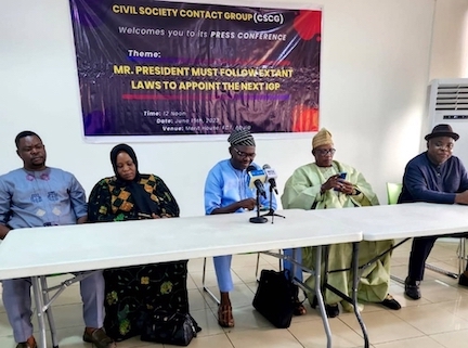 L-R: Mr Sola Adefuye (Head of Media, CSCG). Dr. (Mrs) Gift Ishaku (National Director, Women and Youth, CSCG), Engr. Taiwo Akindolu, FCT CSCG Coordinator (standing in for Barrister Omoleaupen). Otunba Tunde Osho (Director of Research and Strategy, CSCG), and Barrister Emeka Igwe (National Legal Advisor, CSCG) during the press conference in Abuja, on Thursday, June 15, 2023
