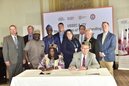 (R-L) Jim Sutter, Chief Executive Officer, U.S. Soybean Export Council (USSEC); and Mrs. Lami Dakwak, Director, Technical & Vocational Skills Training Department, Industrial Training Fund (ITF), with the delegation of U.S. Farmers and ITF Team, during the signing of the Memorandum of Understanding (MoU) between USSEC and ITF at Marriott Hotel in Lagos on Wednesday, June 21, 2023.