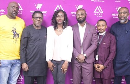 L-R; Chief Digital Officer, Wema Bank, Olusegun Adeniyi; Executive Director, Retail and Digital Business, Wema Bank, Tunde Mabawonku; Co-Founder, HealthTech Startup, Emergency Response Africa, Folake Owodunni; Founder, EdTech Startup, Dozzia, Mubarak Robyn; Head Innovation, Wema Bank, Solomon Ayodele and Chief Information Officer, Wema Bank, Adeoluwa Akomolafe, during the meet and greet session with Startup Portfolio over the weekend at Wema Bank Head Office, Marina, Lagos