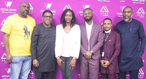 L-R; Chief Digital Officer, Wema Bank, Olusegun Adeniyi; Executive Director, Retail and Digital Business, Wema Bank, Tunde Mabawonku; Co-Founder, HealthTech Startup, Emergency Response Africa, Folake Owodunni; Founder, EdTech Startup, Dozzia, Mubarak Robyn; Head Innovation, Wema Bank, Solomon Ayodele and Chief Information Officer, Wema Bank, Adeoluwa Akomolafe, during the meet and greet session with Startup Portfolio over the weekend at Wema Bank Head Office, Marina, Lagos