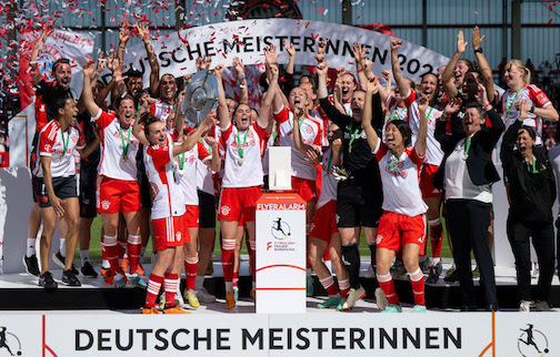 Bayern Munich players cheer with the championship trophy after the German Bundesliga Women soccer match between Bayern Munich and Turbine Potsdam at Turbine Potsdam. Photo: Sven Hoppe/dpa