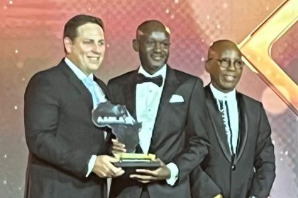 L-R: Head of Private Clients, SASFIN Wealth, South Africa, Flynn Robson; Chief Financial Officer, Zenith Bank Plc, Dr. Mukhtar Adam; and Chairman, BSG, South Africa, Mteto Nyati during the presentation of the CFO of the Year Award to Dr. Mukhtar Adam at the 11th All Africa Business Leaders Awards (AABLA) in partnership with CNBC Africa, held at the King’s Ballroom, Sun City, South Africa at the weekend.