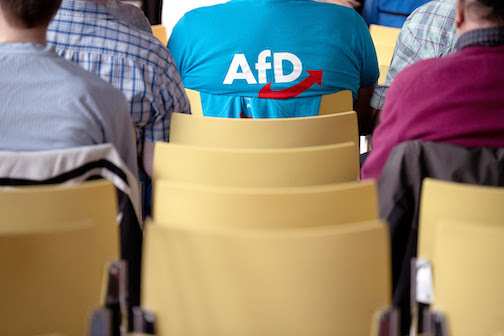 Man wearing a T-shirt with AfD logo: Two-thirds of people in Germany are worried about their democracy because of the AfD. Photo: Sebastian Christoph Gollnow/dpa