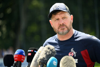 North Rhine-Westphalia, Cologne: Cologne's coach Steffen Baumgart gives an interview during the first training session of the new season. Cologne coach Steffen Baumgart criticized how the Germany national team players have been treated and said the squad is still among the top favourites for the home Euro 2024 despite the recent bad results. Photo: Federico Gambarini/dpa
