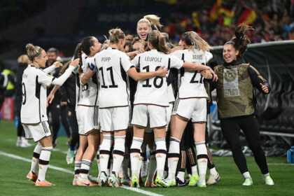 Germany players celebrate scoring thier side's third goal during the FIFA Women's World Cup Group H soccer match between Germany and Morocco at Melbourne Rectangular Stadium. Photo: Sebastian Christoph Gollnow/dpa