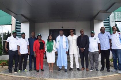Photo shows Alhaji Gusau and Mrs Joseph, as well as Dr. Ikpeme (NFF Deputy General Secretary), Coach Eguavoen (Technical Director), Dr. Robinson Okosun (Deputy Director, Technical), Dr. Ayo Abdulrahaman (Deputy Director, Competitions), Mr. Barnabas Joro (Head of Protocol) and officials of the NSSF after the meeting