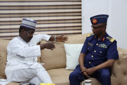 Dr Bashir Gwandu, Executive Vice Chairman and Chief Executive Officer (EVC/CEO), National Agency for Science and Engineering Infrastructure (NASENI) explaining a point to Air Vice Marshall (AVM) S.L. Rabe, Commandant, Air Force Institute of Technology (AFIT), Kaduna when he paid him a working visit at NASENI headquarters in Abuja on 19 July, 2023.