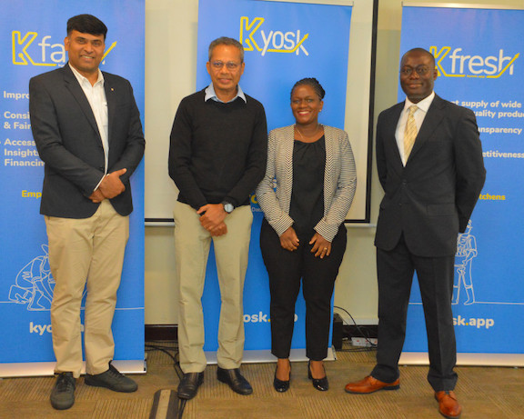 From L to R : KwikBasket Co-Founder and General Manager, Srinadh Kotturu; TechnoBrain Group CEO, Manoj Shankar; Kyosk General Manager – Kenya, Esmie Manda and Kyosk Co-Founder and CEO Raphael Afaedor during an occasion to mark Kyosk acquisition of KwikBasket