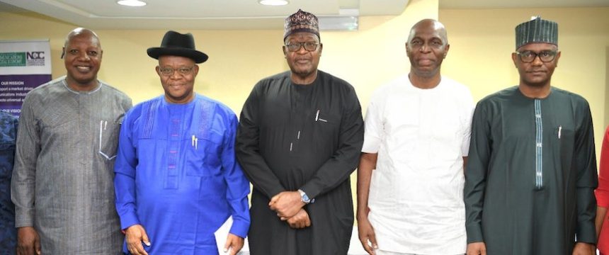L-R: Mustapha Isa, Former President, Nigerian Guild of Editors (NGE); Ochereome Nnanna, Chairman, Editorial Board, Vanguard Newspapers; Prof. Umar Danbatta, Executive Vice Chairman/Chief Executive Officer, Nigerian Communications Commission (NCC); Sam Omatseye, Chairman, Editorial Board, The Nation Newspapers and Usman Malah, Director, Human Capital and Administration, NCC at a media roundtable organised by the Commission in Lagos on Wednesday (July 5, 2023)