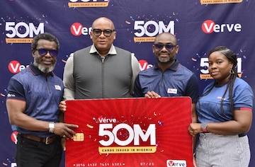 L-R - Paul Ohakim, Group Head, Issuing & Acquiring (Africa),Verve; Mitchell Elegbe, Founder/GMD, Interswitch Group; Vincent Ogbunude, MD, Verve; and Grace Adeniyi, Group Head, Scheme Management, Verve, at Verve's 50 million cards issuance milestone announcement in Lagos