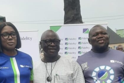 L-R: Nick Ankyoor, Chairman, Board of Trustees, Hyacinth Alia Support Foundation (HASUF); Victoria Abuka, Team Lead, Corporate Social Responsibility (CSR), Fidelity Bank Plc; Aondonaa Iorpuu James, Executive Secretary, Benue State Emergency Management Agency (BSEMA); Terwase Swande, Branch Leader, Fidelity Bank Plc, Makurdi; and Fidelis Msughter Unongo, Special Adviser to the Benue State Governor on Innovation Strategies, Special Duties, Development, Policy, and Planning; at the Fidelity Food Bank distribution at the Internally Displaced Persons Camp, Federal Housing Estate, North Bank, Benue State recently