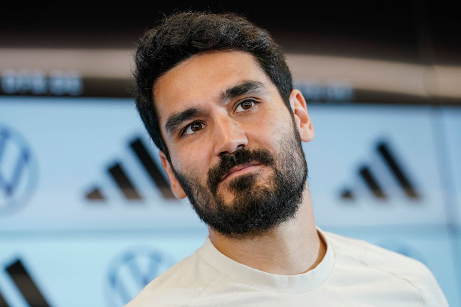 Germany's Ilkay Guendogan reacts during a press conference. Photo: Uwe Anspach/dpa